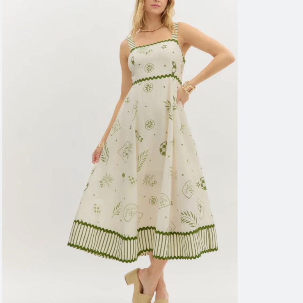 New Green and White Beach Pattern Midi Sundress